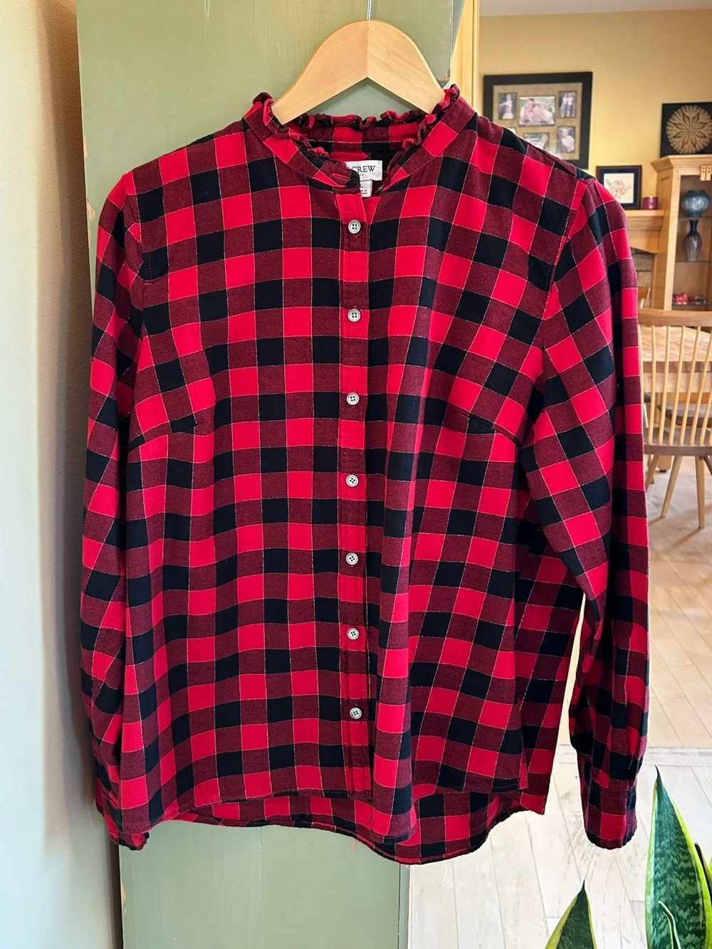 J. Crew Women’s Button Front Flannel Top with Ruffled Collar Red/Black Large